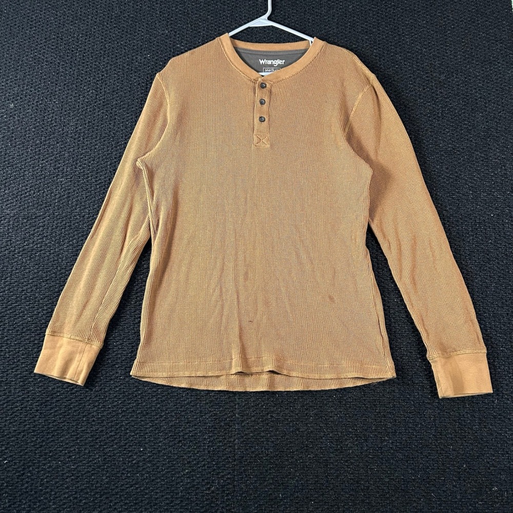 Wrangler‎ Mens Long Sleeve Thermal Henley Waffle Knit Shirt Brown Medium